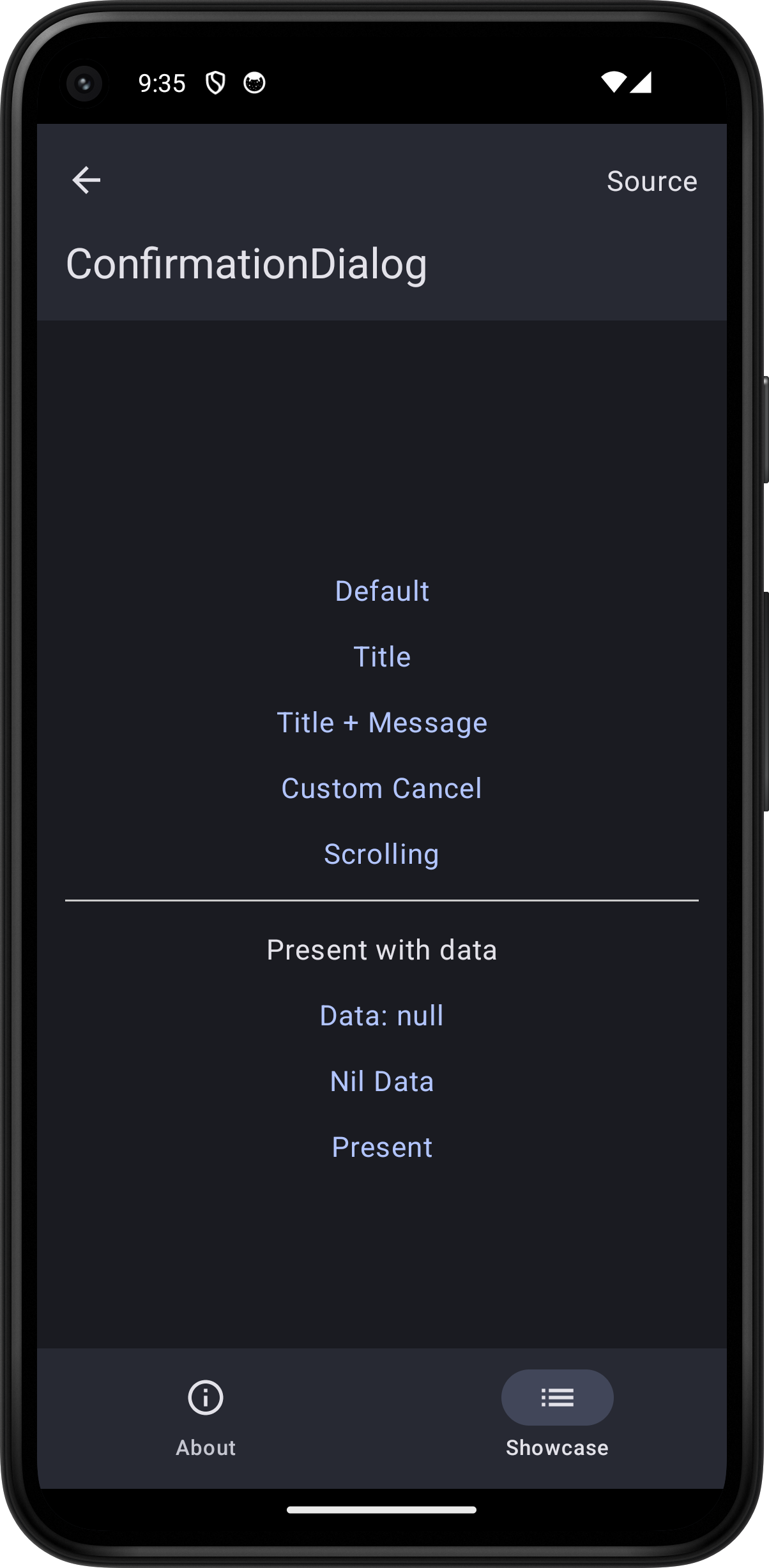 Android screenshot for ConfirmationDialog component (dark mode)