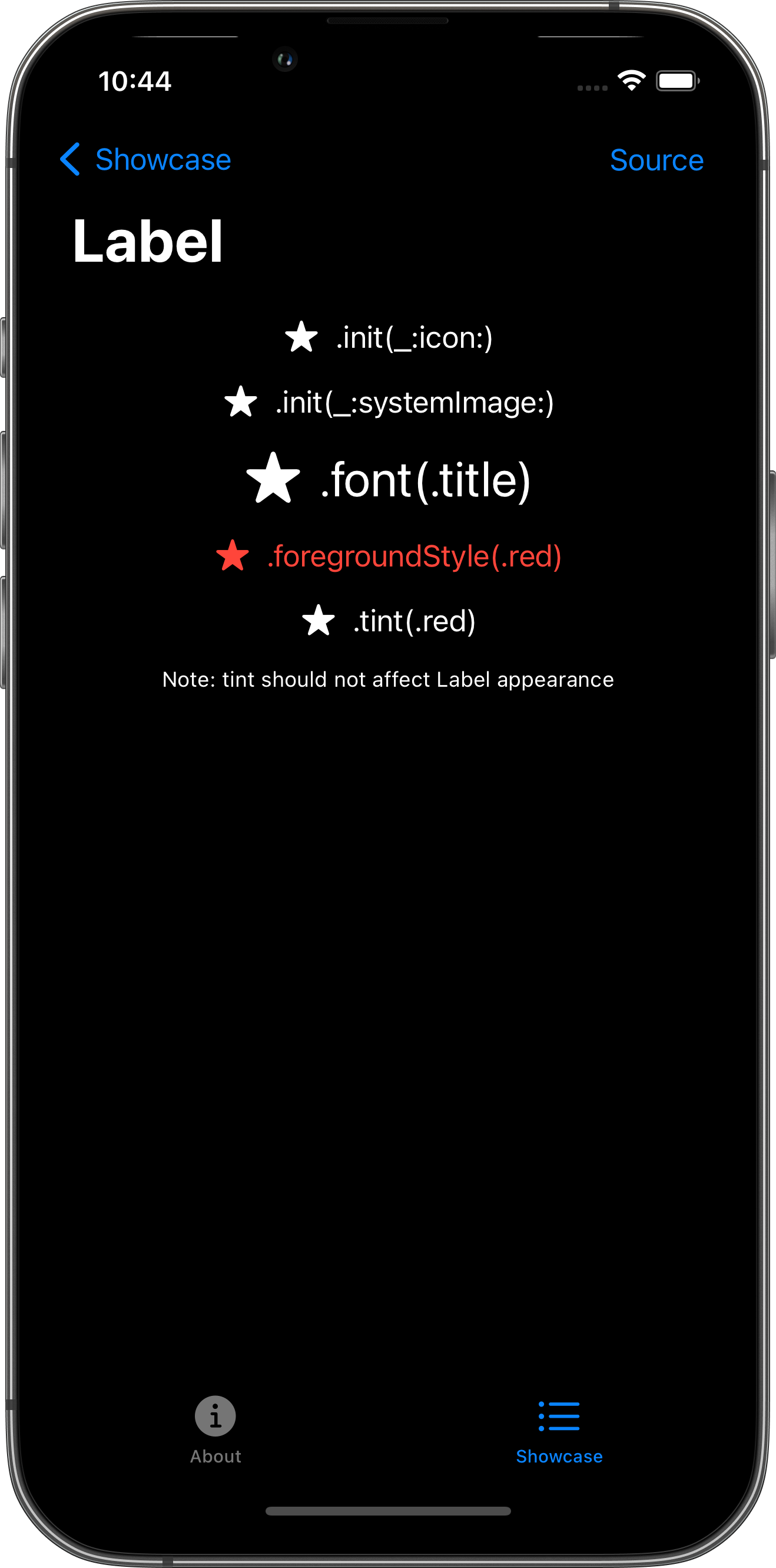 iPhone screenshot for Label component (dark mode)