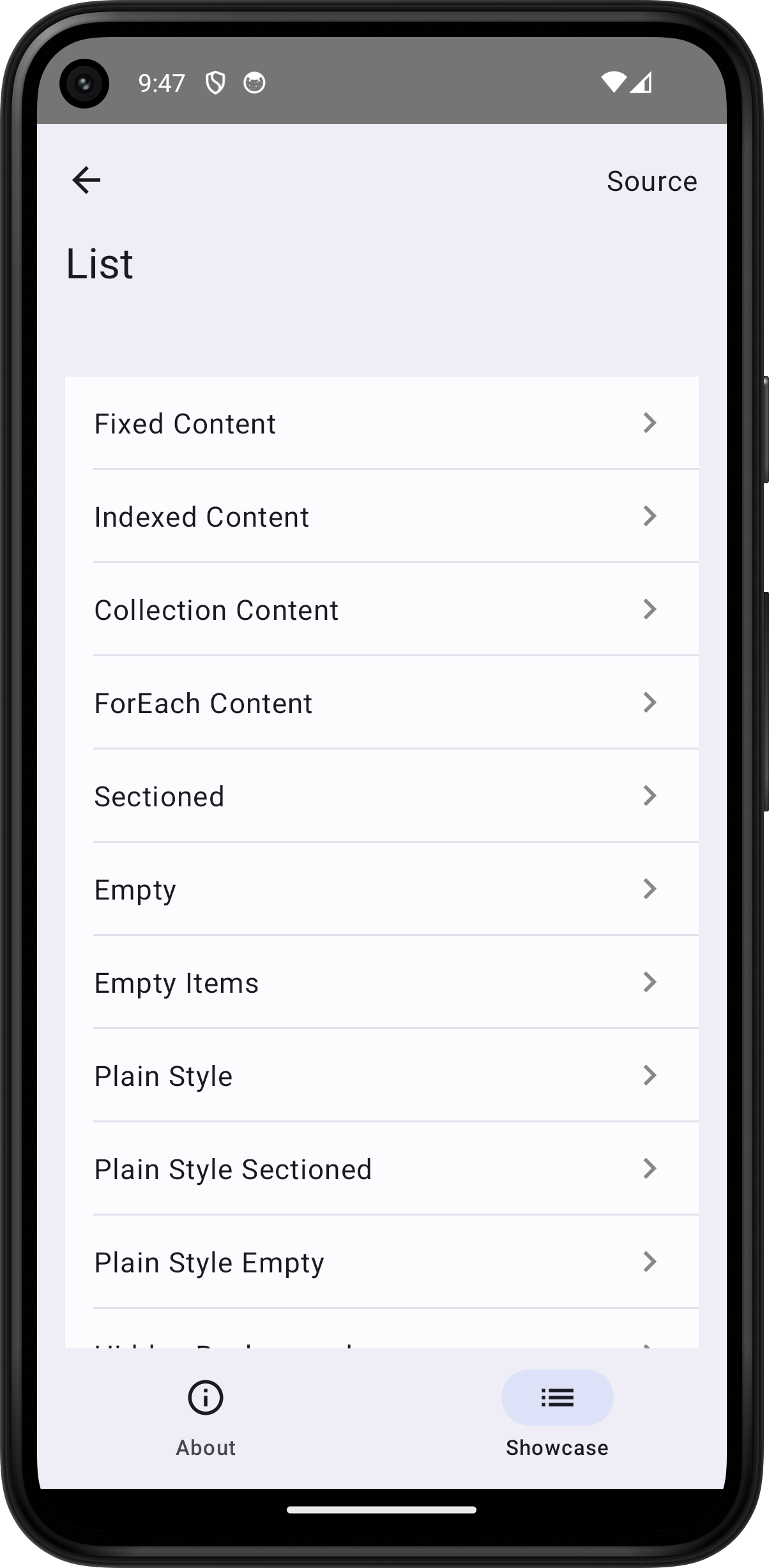 Android screenshot for List component (light mode)