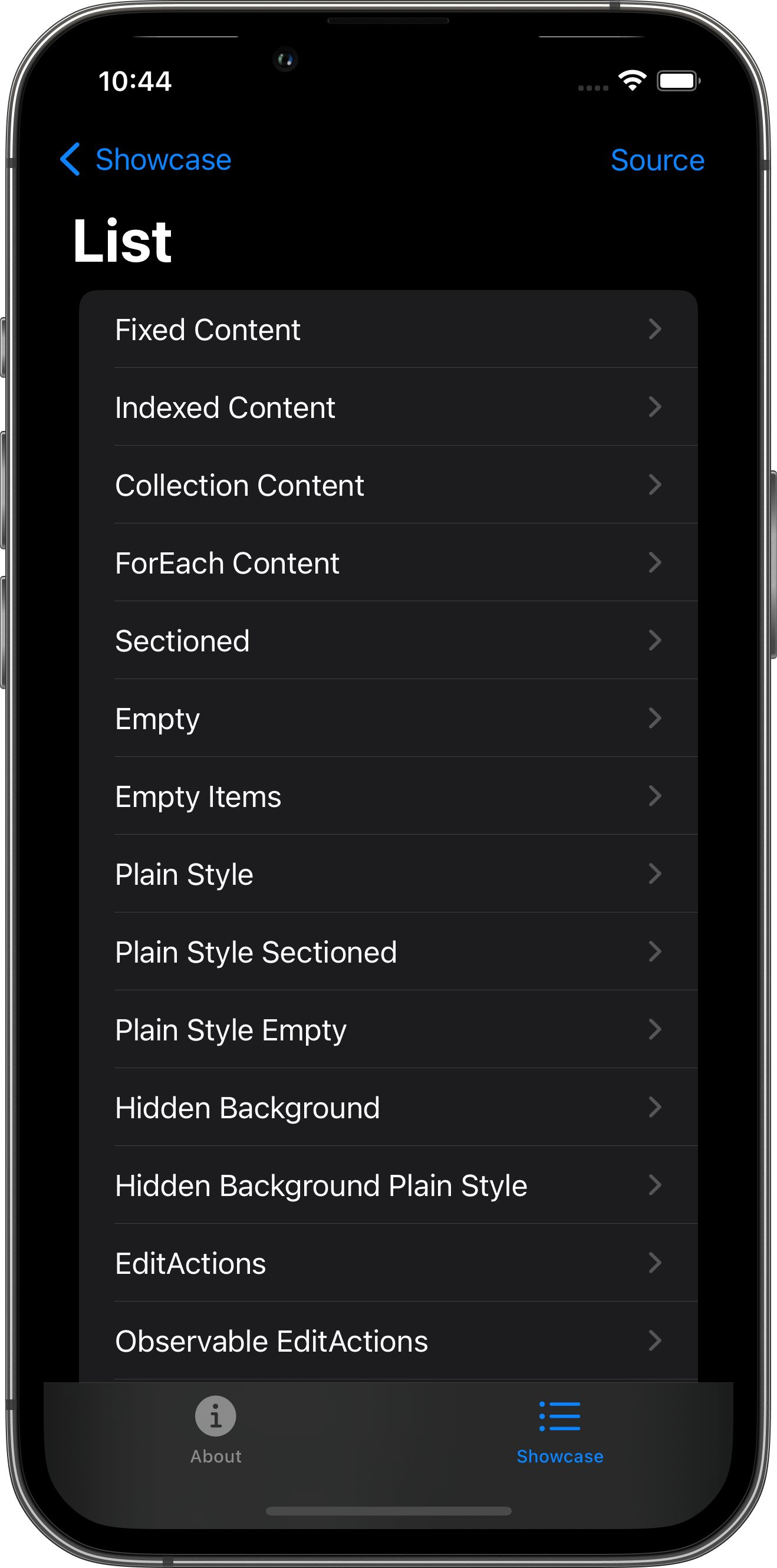 iPhone screenshot for List component (dark mode)
