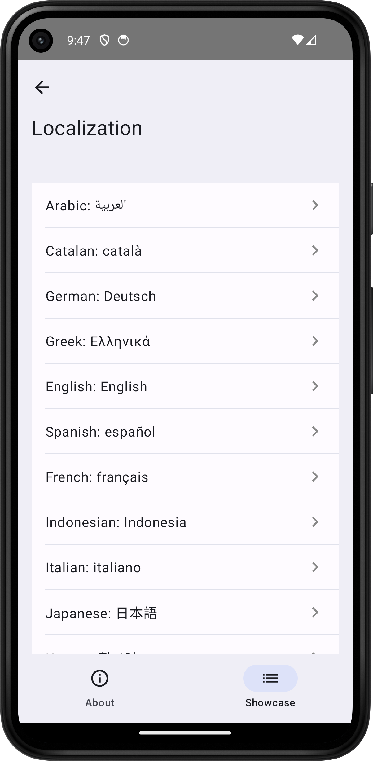 Android screenshot for Localization component (light mode)