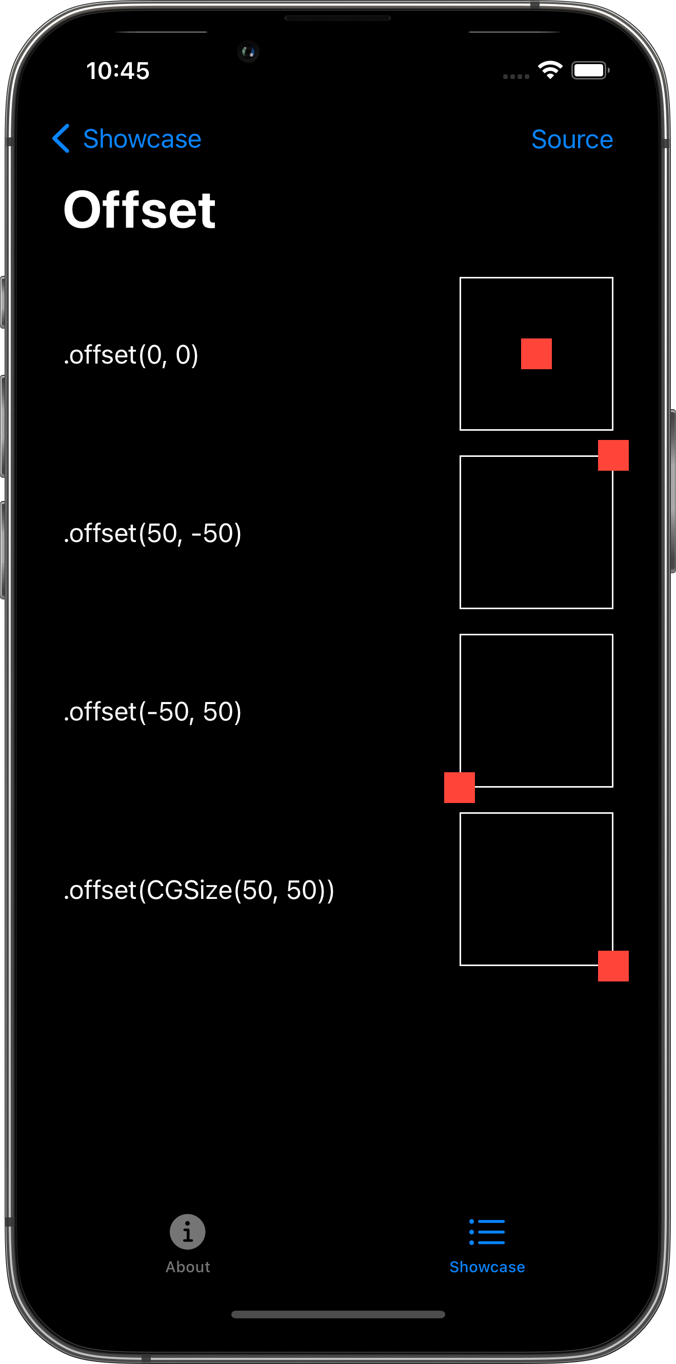 iPhone screenshot for Offset component (dark mode)