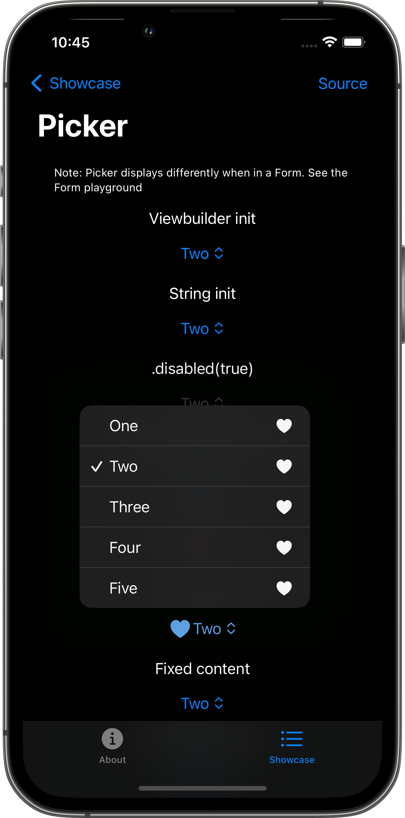 iPhone screenshot for Picker component (dark mode)