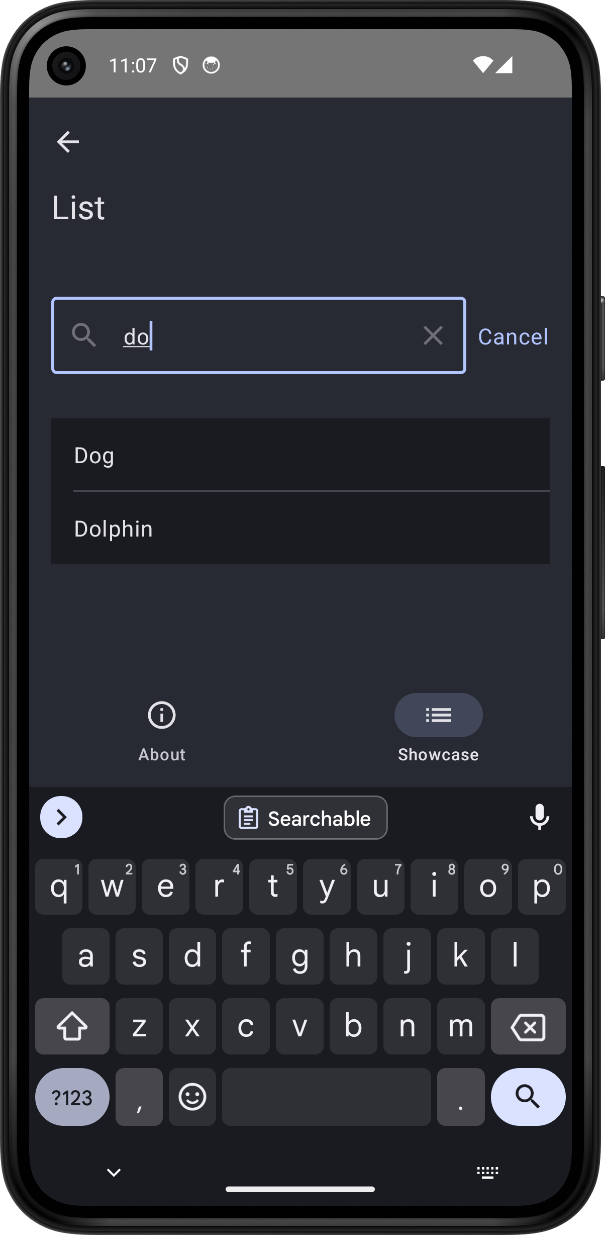 Android screenshot for Searchable component (dark mode)