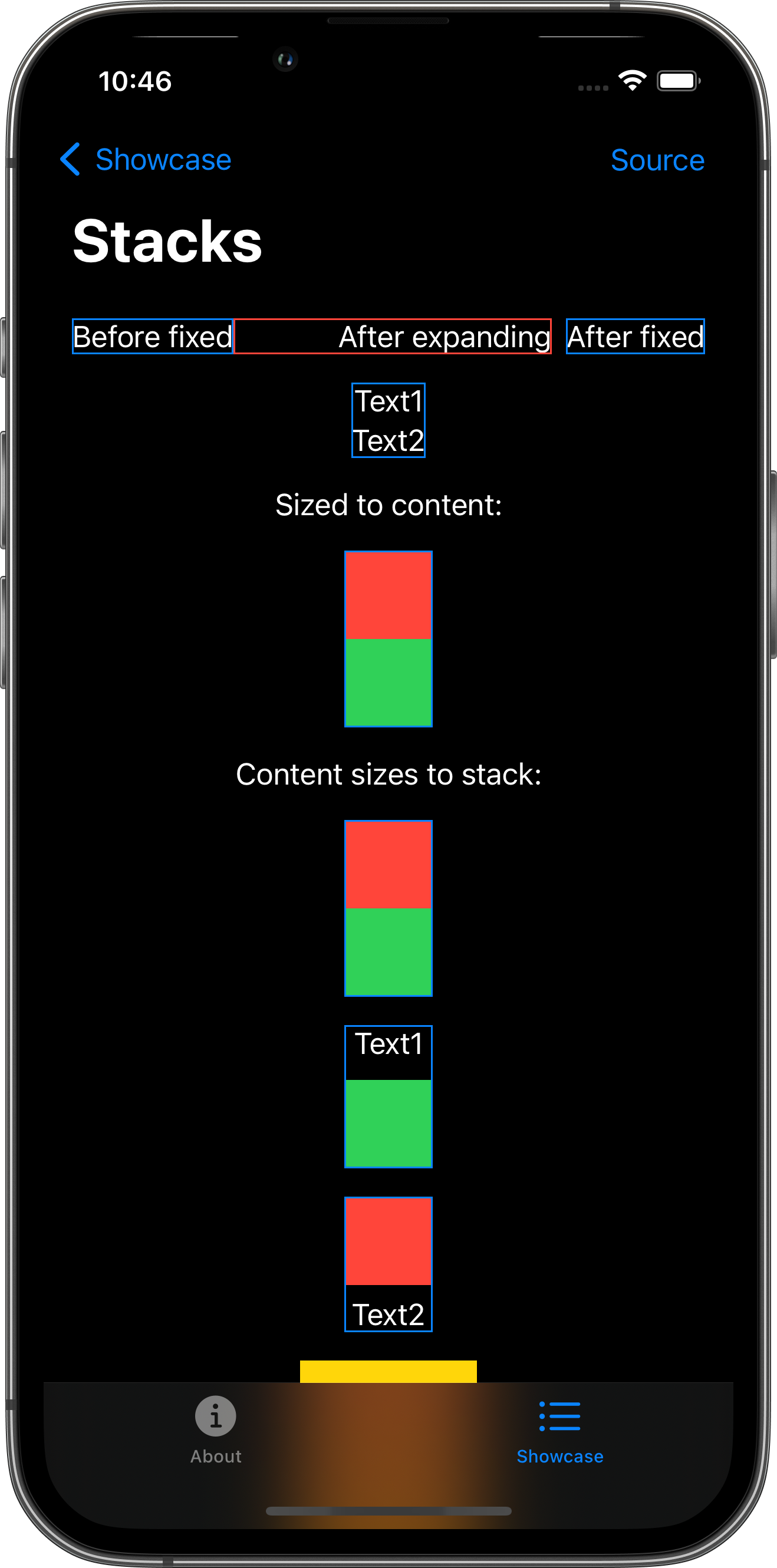iPhone screenshot for Stack component (dark mode)