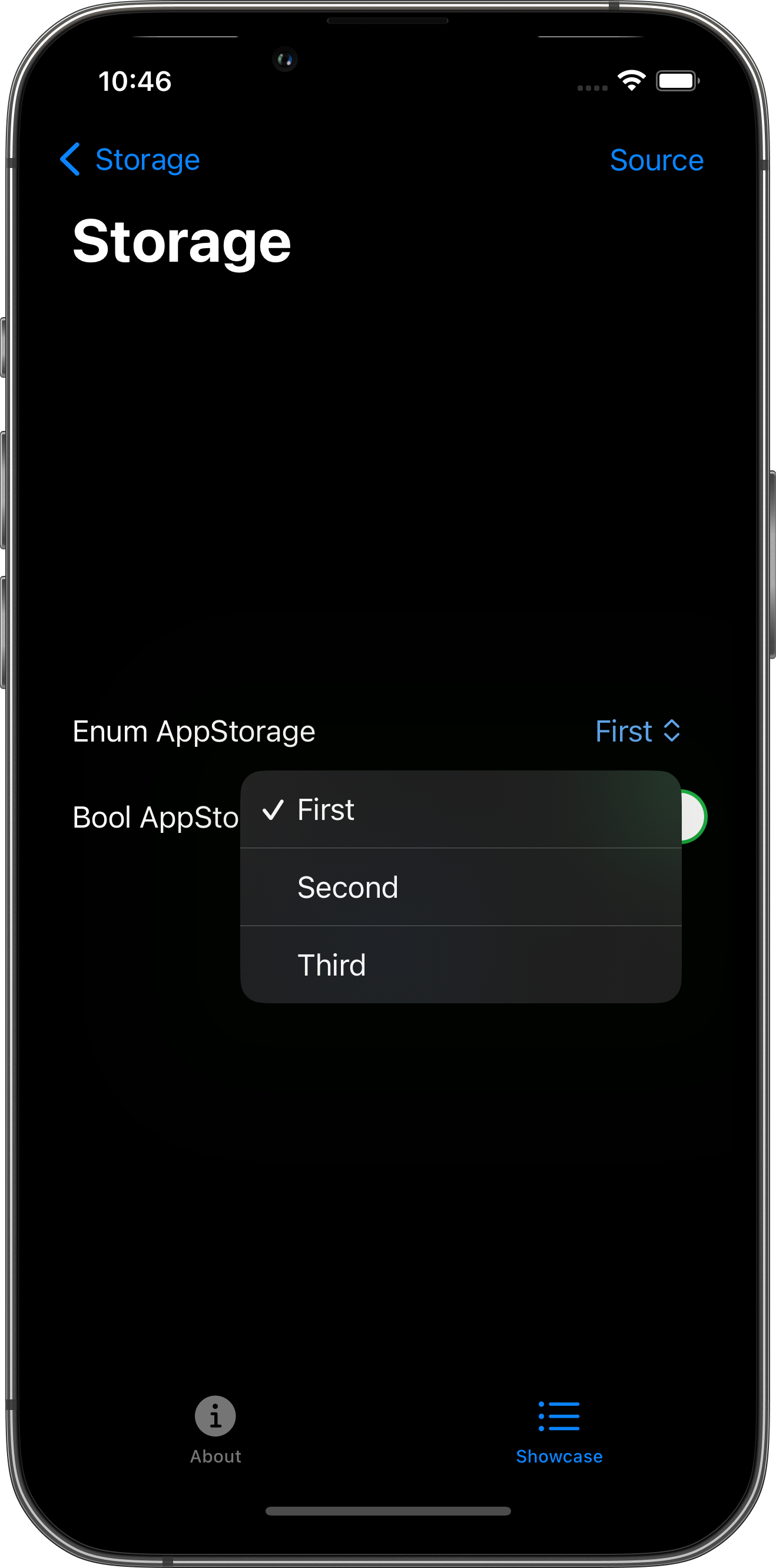 iPhone screenshot for Storage component (dark mode)