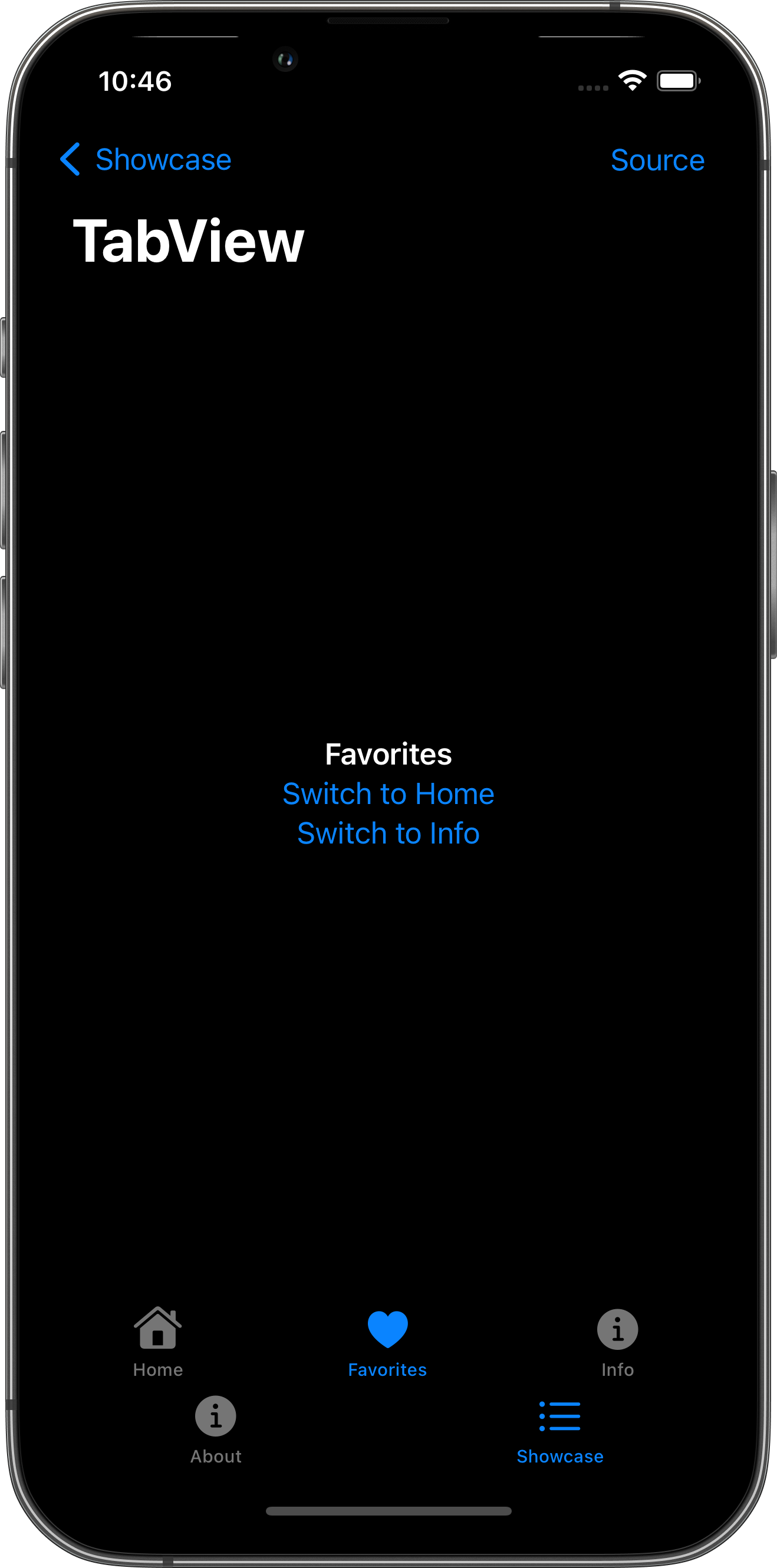 iPhone screenshot for TabView component (dark mode)