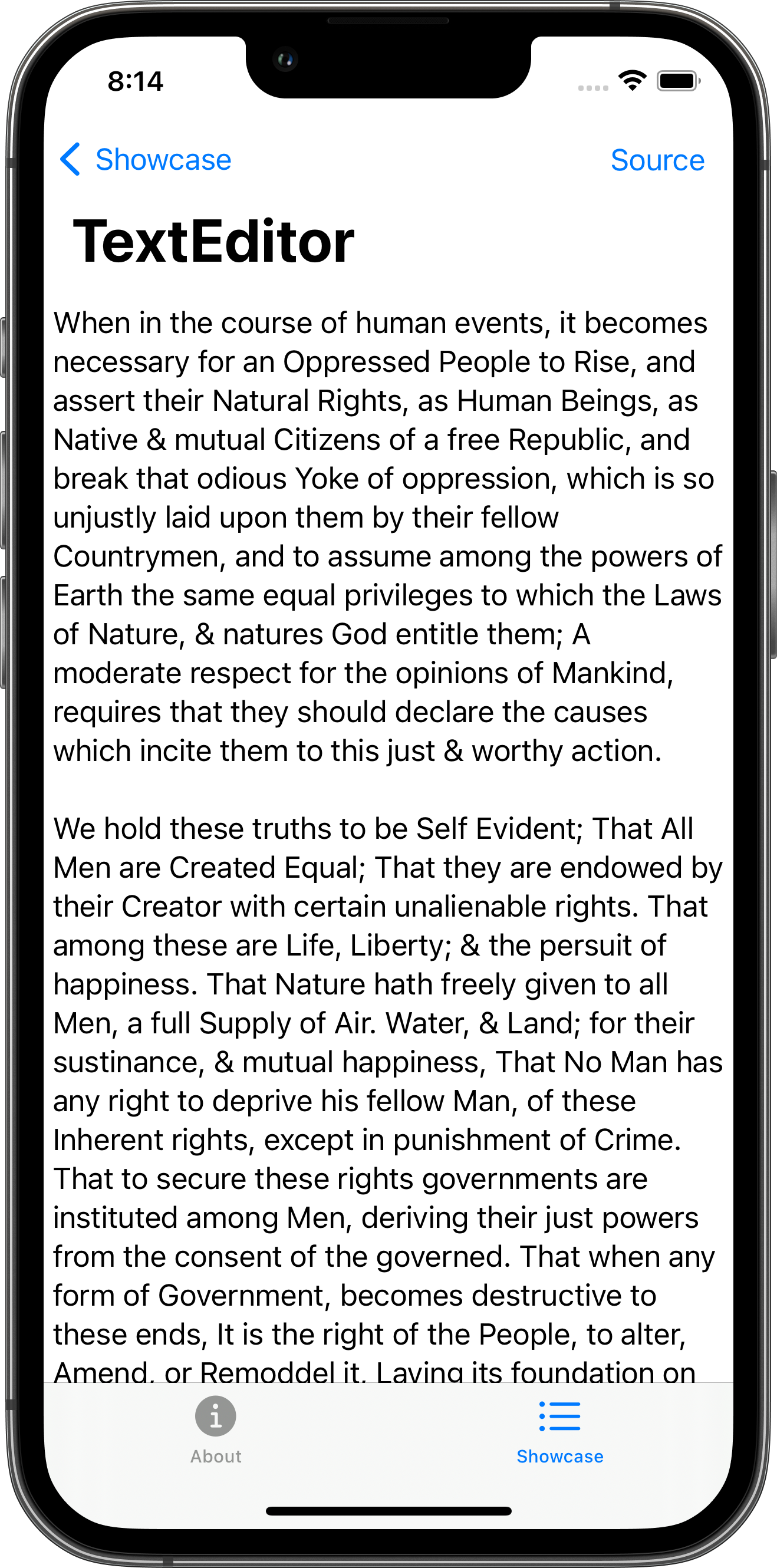 iPhone screenshot for TextEditor component (light mode)