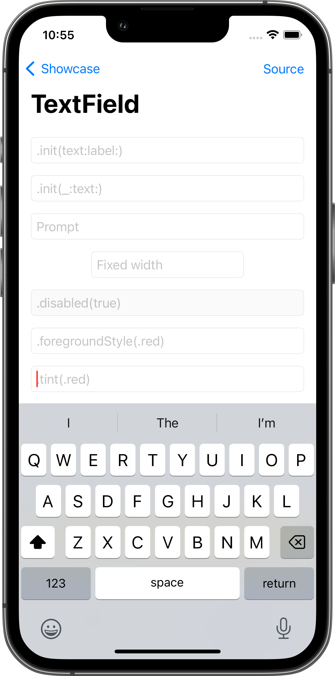 iPhone screenshot for TextField component (light mode)