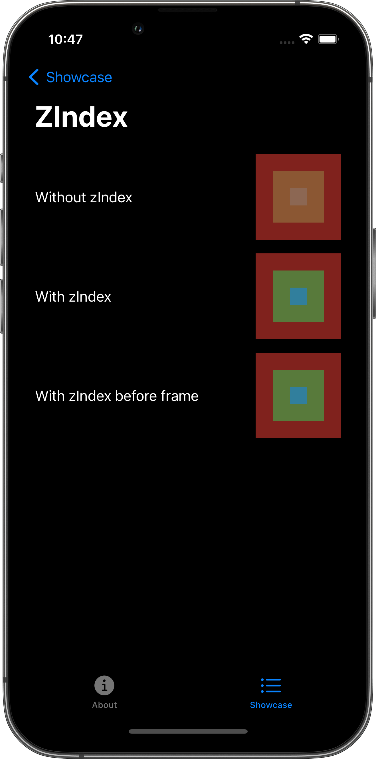 iPhone screenshot for ZIndex component (dark mode)