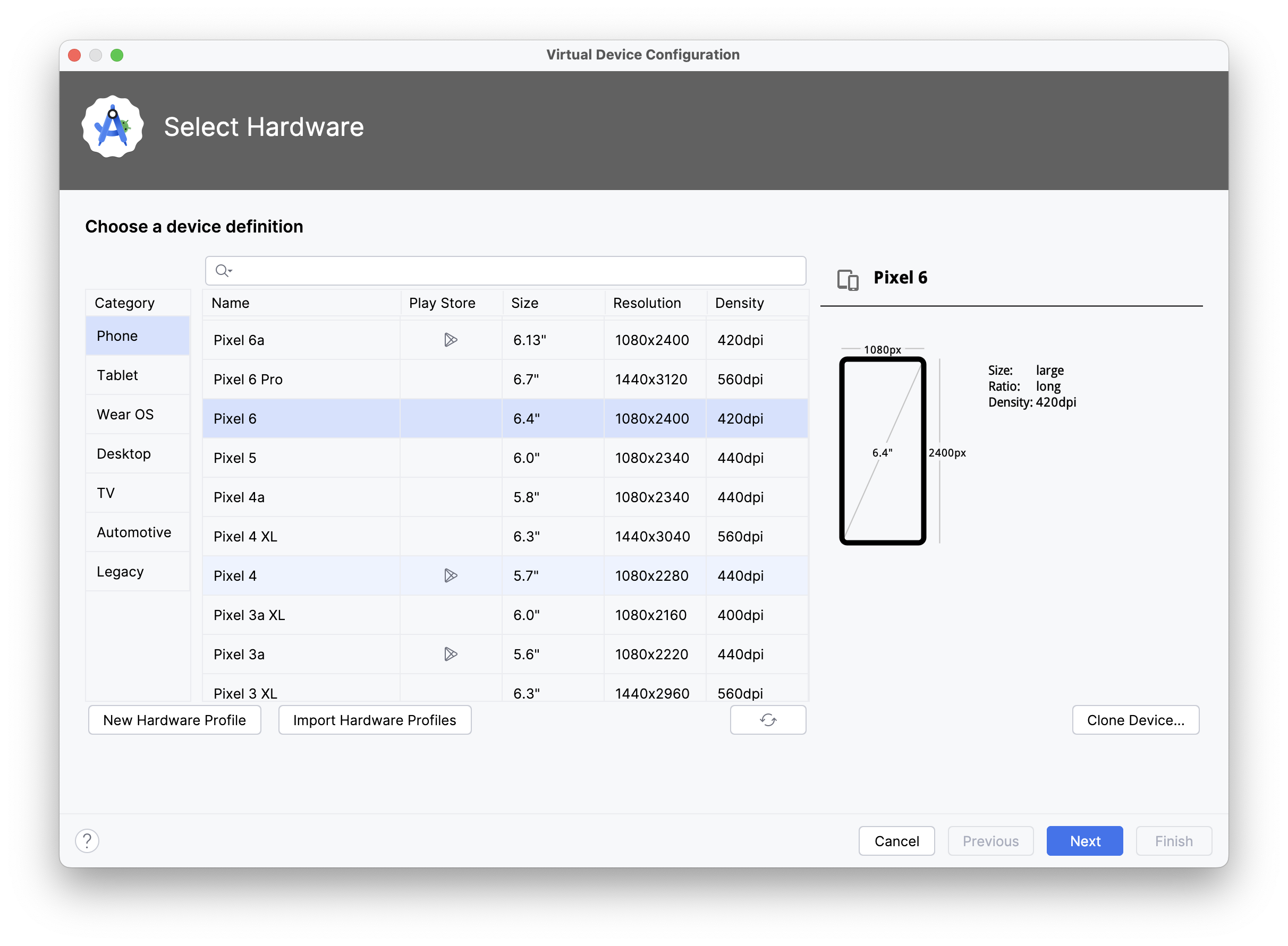 Android Emulator Setup 3: Select Hardware