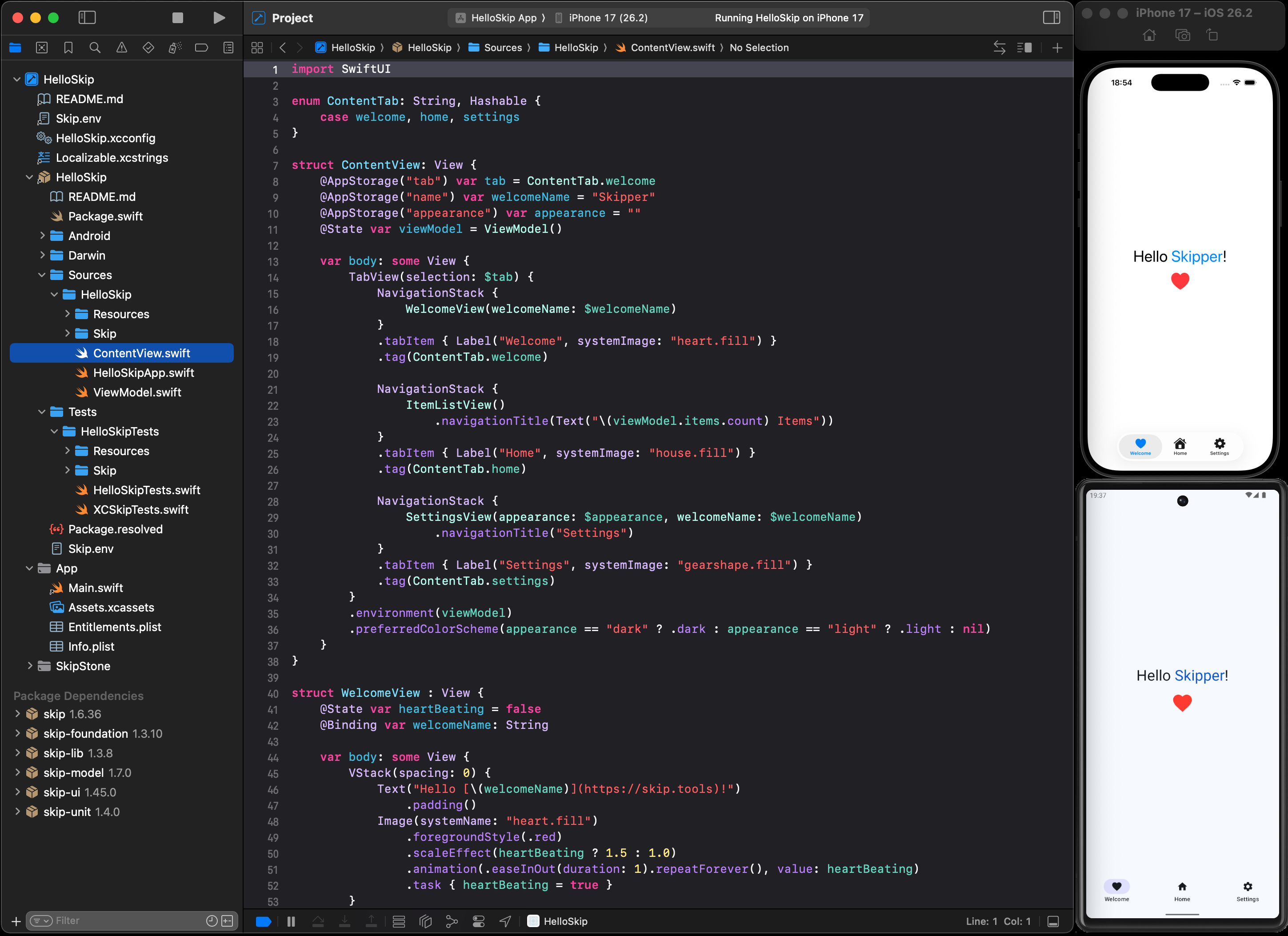 Screenshot of Skip running in both the iOS Simulator and Android Emulator