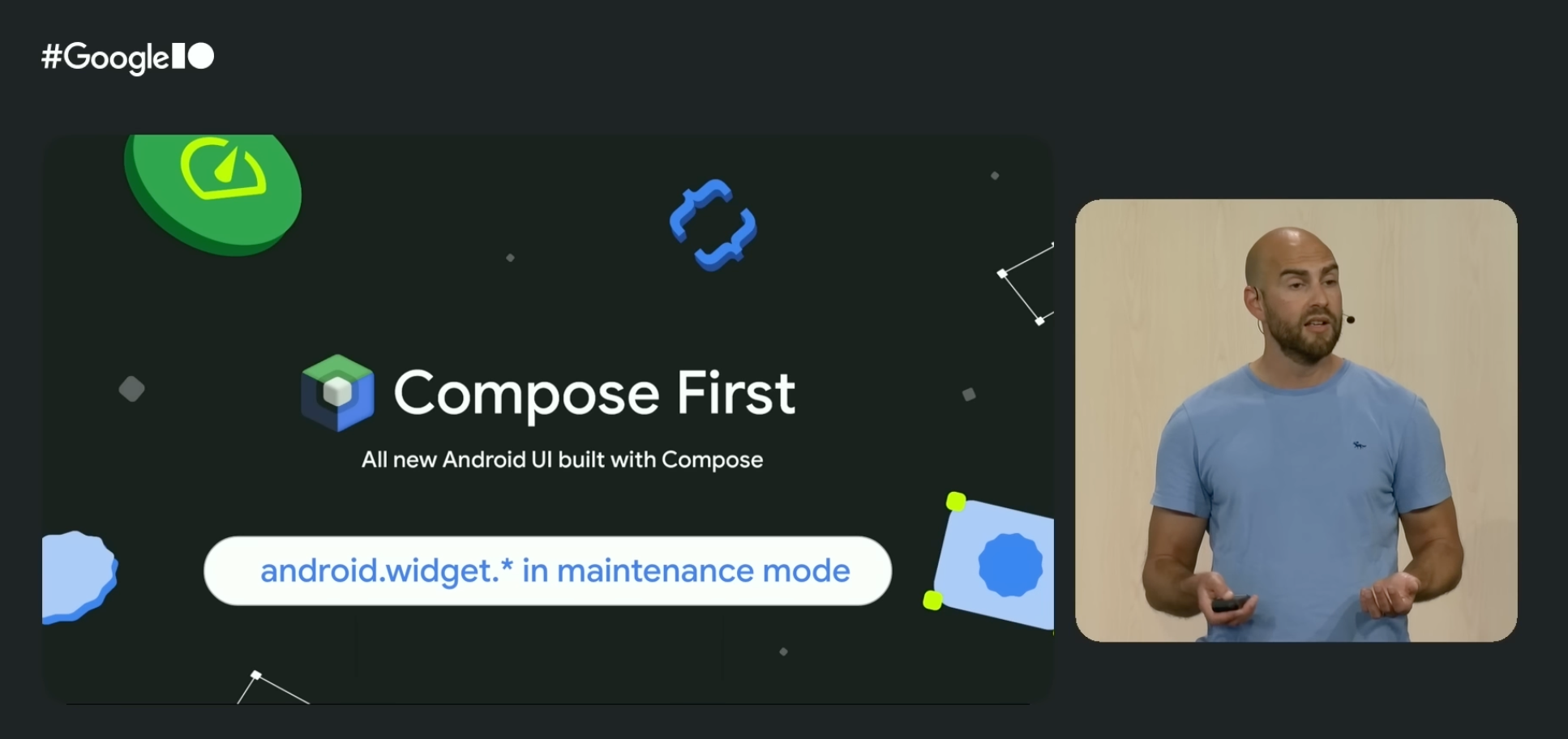 Slide from the Google I/O 2026 What's new in Android session reading 'Compose First — all new Android UI built with Compose' with the chip 'android.widget.* in maintenance mode' below it.