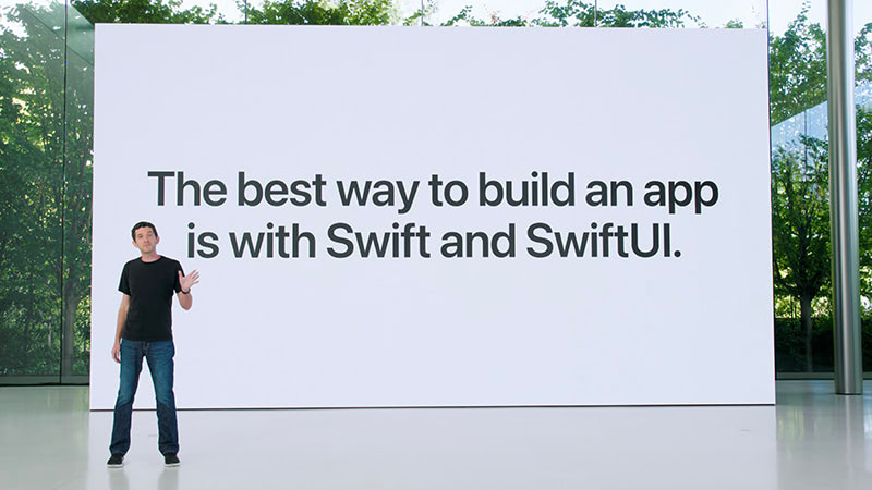WWDC 2022 slide reading "The best way to build an app is with Swift and SwiftUI."